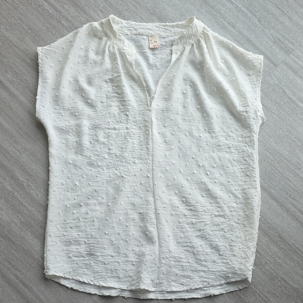7th Ray White Swiss-Dot V-Neck Short Sleeve Blouse